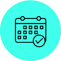 Calendar icon with check mark, turquoise background.