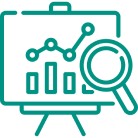 Chart analysis with magnifying glass icon.